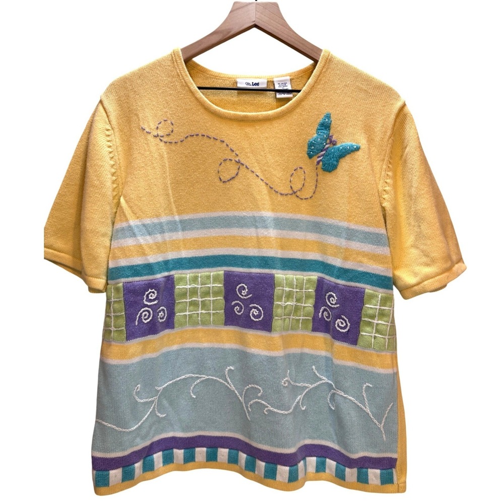 Vintage Butterfly‎ Sweater Women XL Yellow Embroidered Short Sleeve Knit Pastel